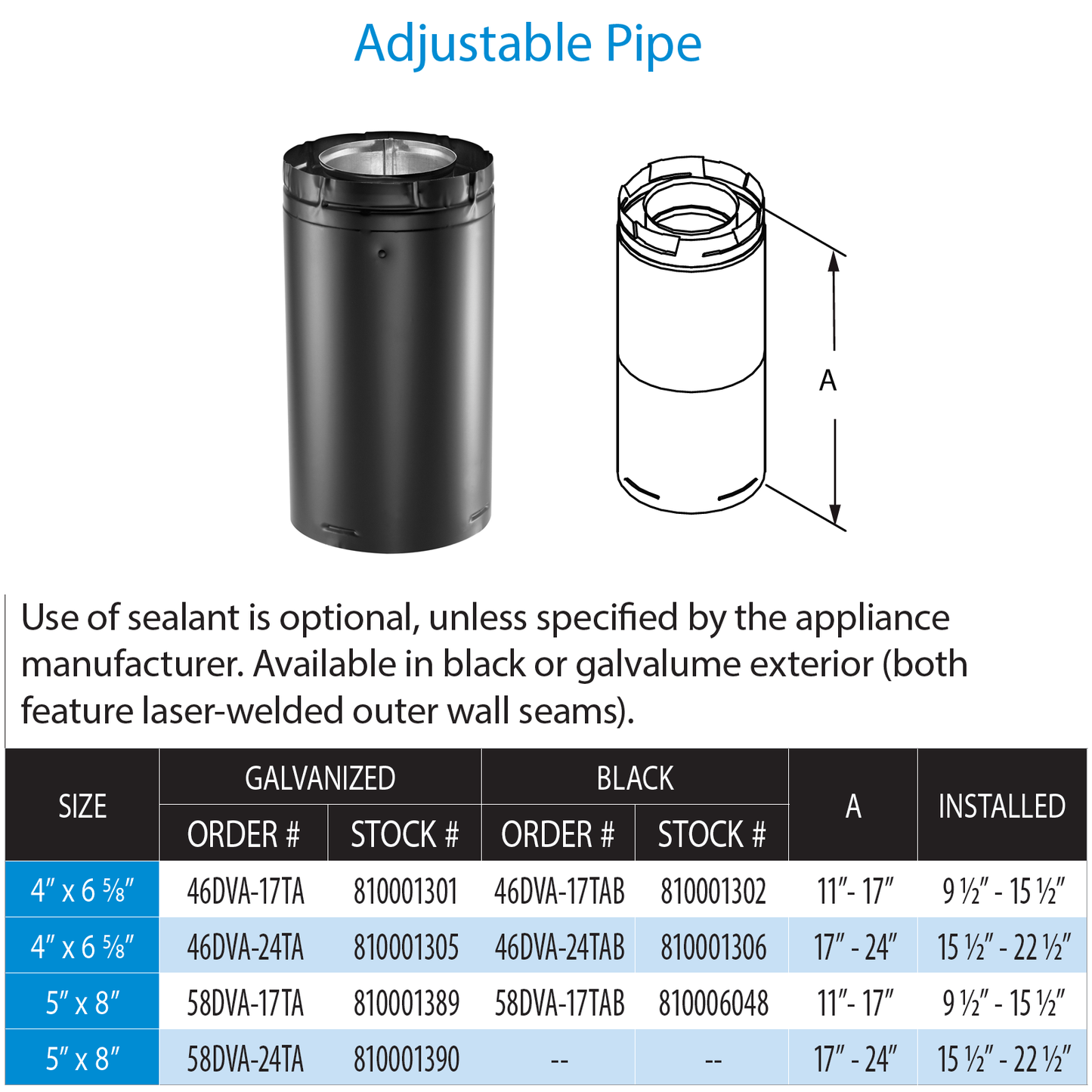 DuraVent DVP 17 - 24 Inch Adj Pipe W/ Welded Seam - Blk | 46DVA-24TAB