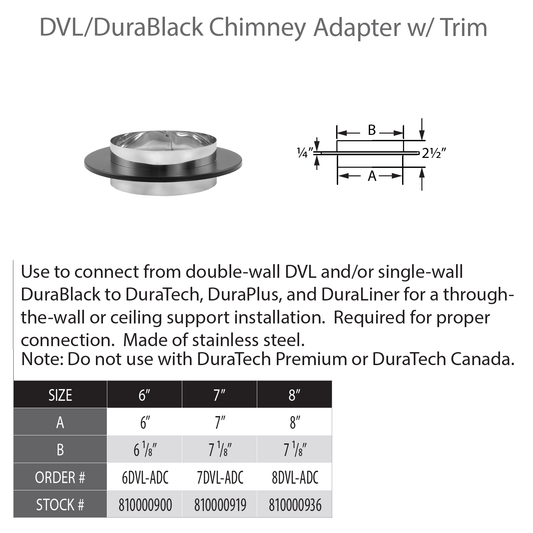 DuraVent DVL/DuraBlack 8" Diameter Black Chimney Adapter | 8DVL-ADC