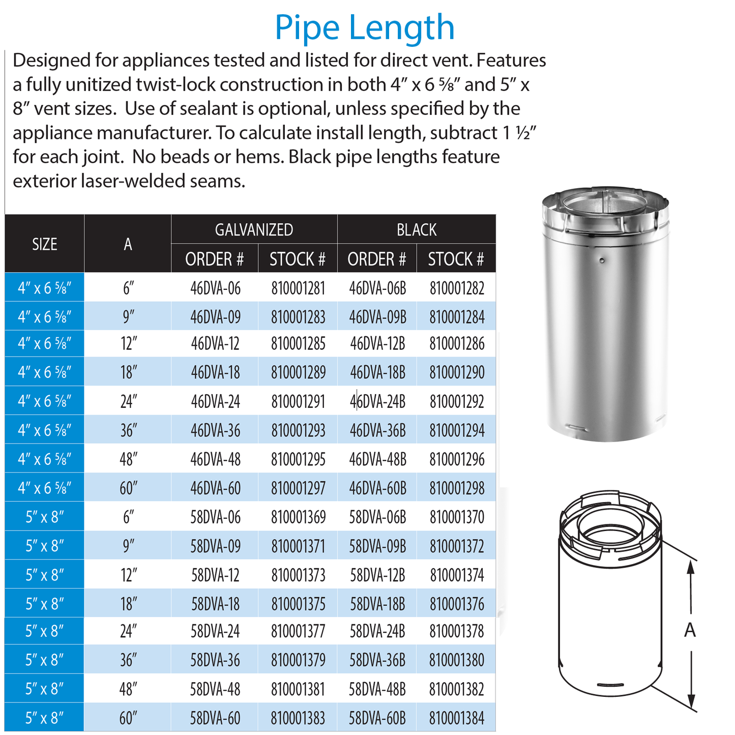 DuraVent DirectVent Pro 9 Inch Pipe Length - Galvanized | 46DVA-09