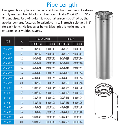 DuraVent DirectVent Pro 48 Inch Pipe Length - Galvanized | 58DVA-48