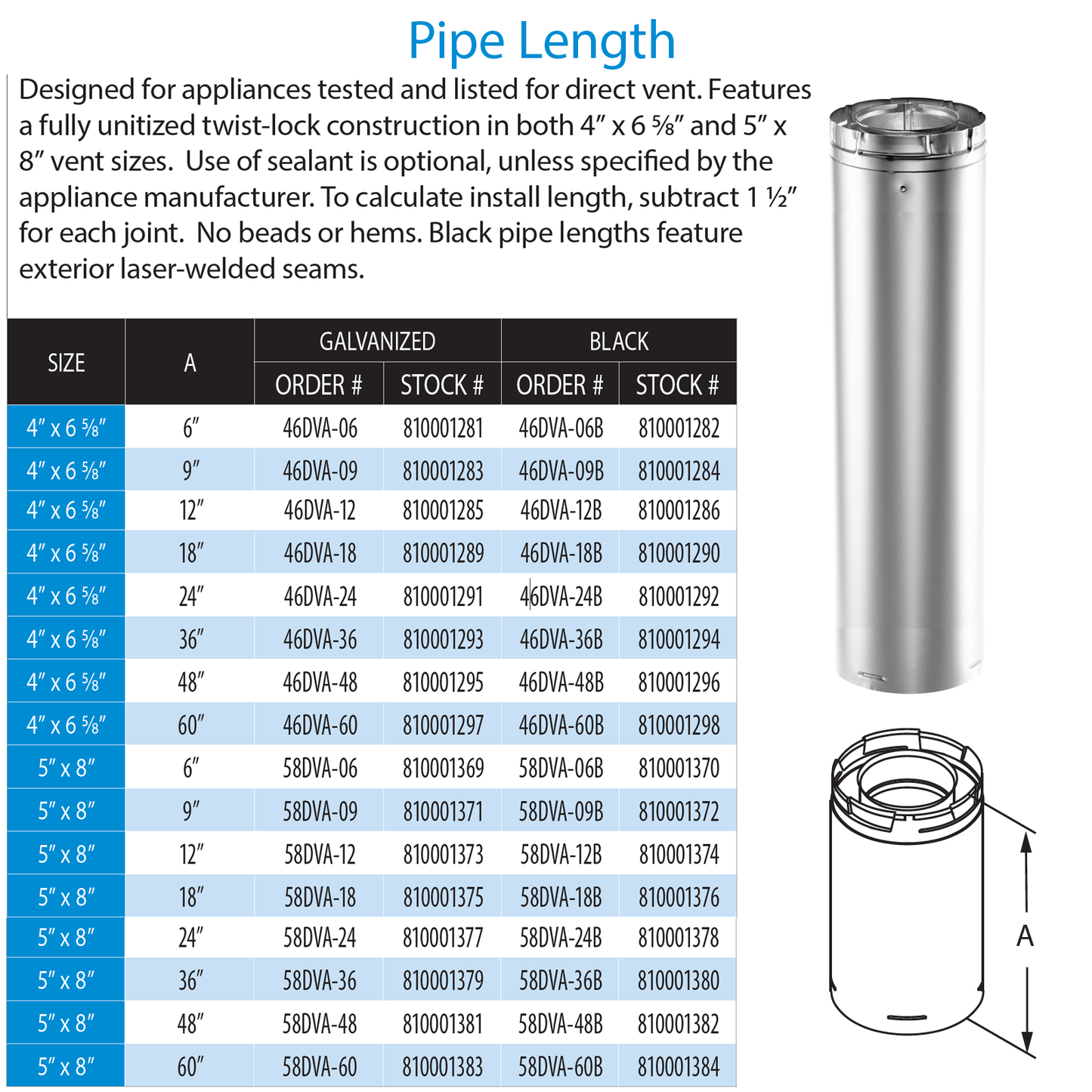 DuraVent DirectVent Pro 60 Inch Pipe Length - Galvanized | 46DVA-60