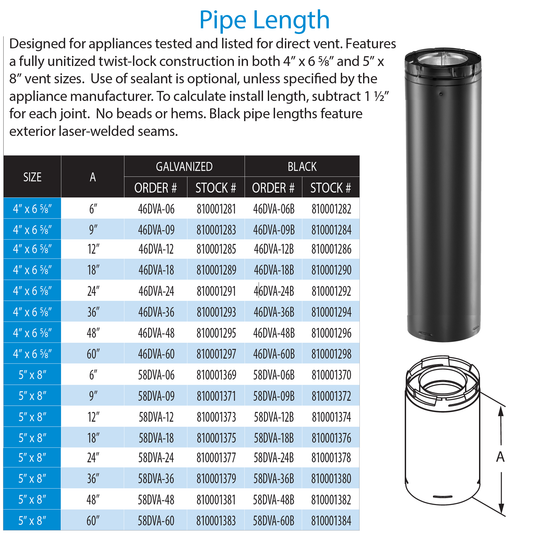 DuraVent DirectVent Pro 60 Inch Pipe Length - Black | 58DVA-60B