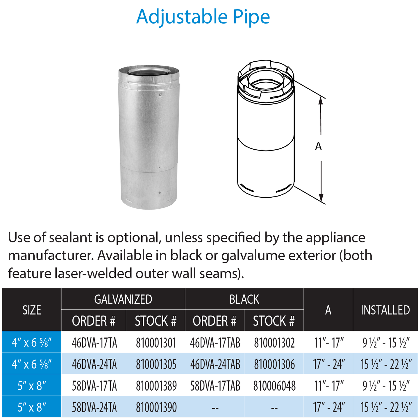 DuraVent DVP 17-24 Inch Adjustable Pipe - Galvanized | 58DVA-24TA