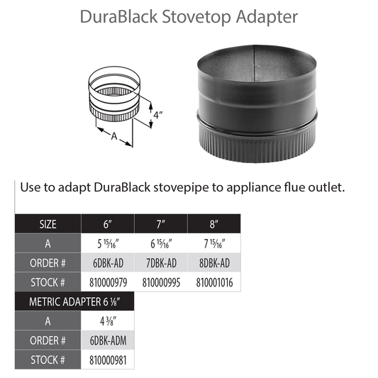 DuraVent DuraBlack 8" Diameter Black Stovetop Adapter | 8DBK-AD