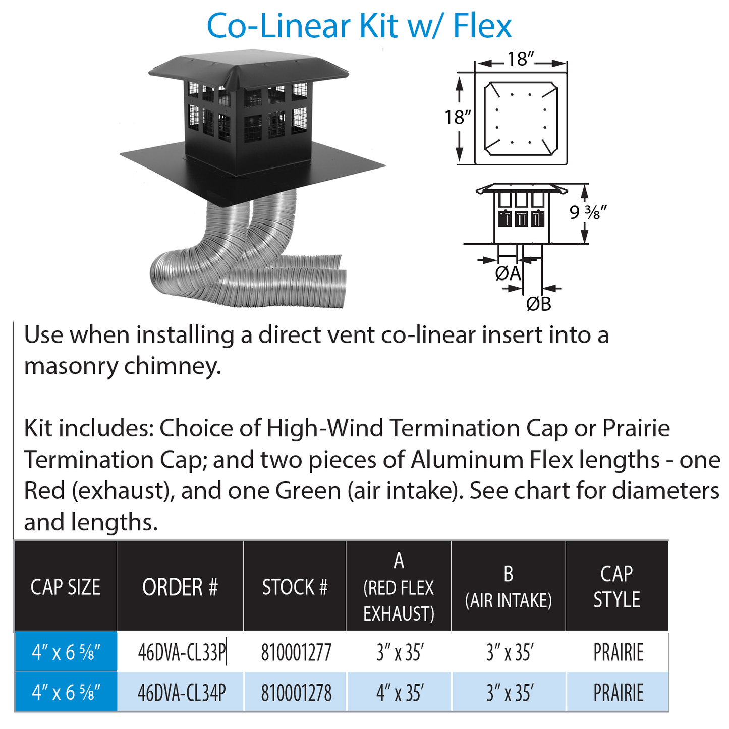 DuraVent DVP Prairie Cap Co-linear Kit Alum Flex Len | 46DVA-CL33P