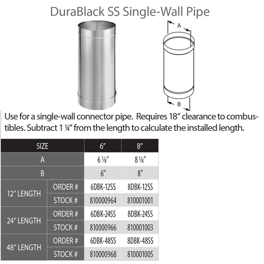 DuraVent DB 8" Diam Single Wall SS 12" Pipe Length | 8DBK-12SS