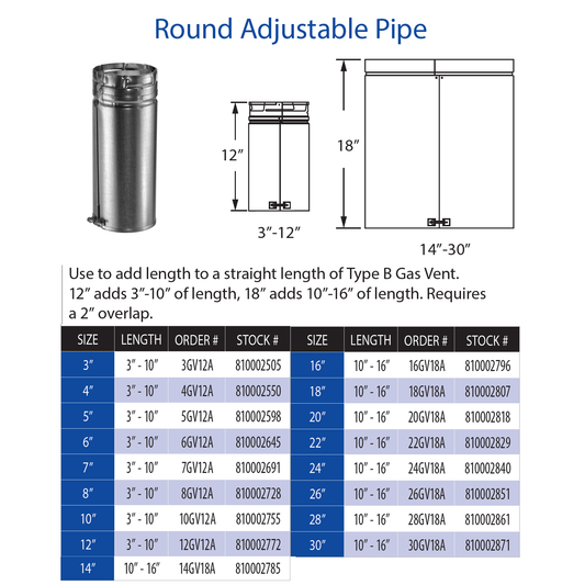 DuraVent Type B 12" Length Round Adjustable Pipe | 5GV12A