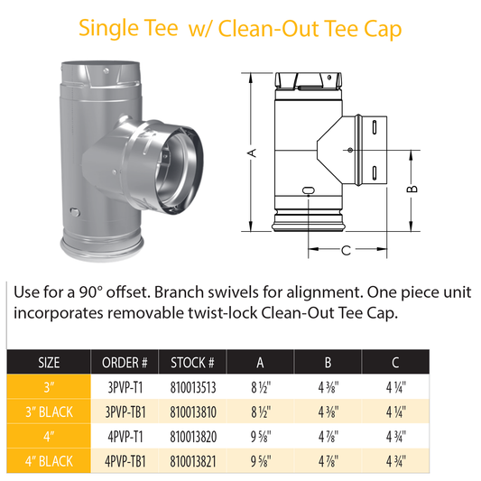 Simpson DuraVent Pellet Vent Pro Tee with Clean Out 3" | 3PVP-T1