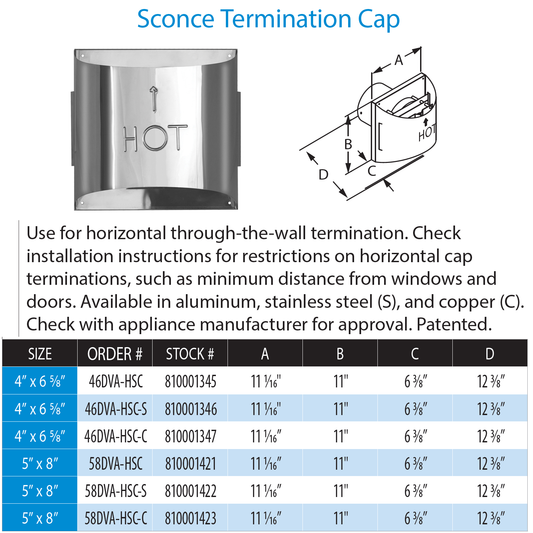 DuraVent DirectVent Pro Sconce Termination Cap Aluminum Direct Vent Pipe For Gas Fireplaces & Gas Stoves - 58DVA-HSC