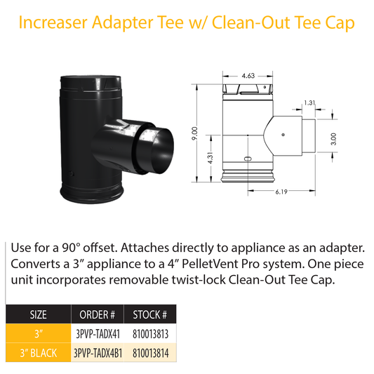 DuraVent PVP 4" diameter w /3" Adapter Branch (Black) | 3PVP-TADX4B1