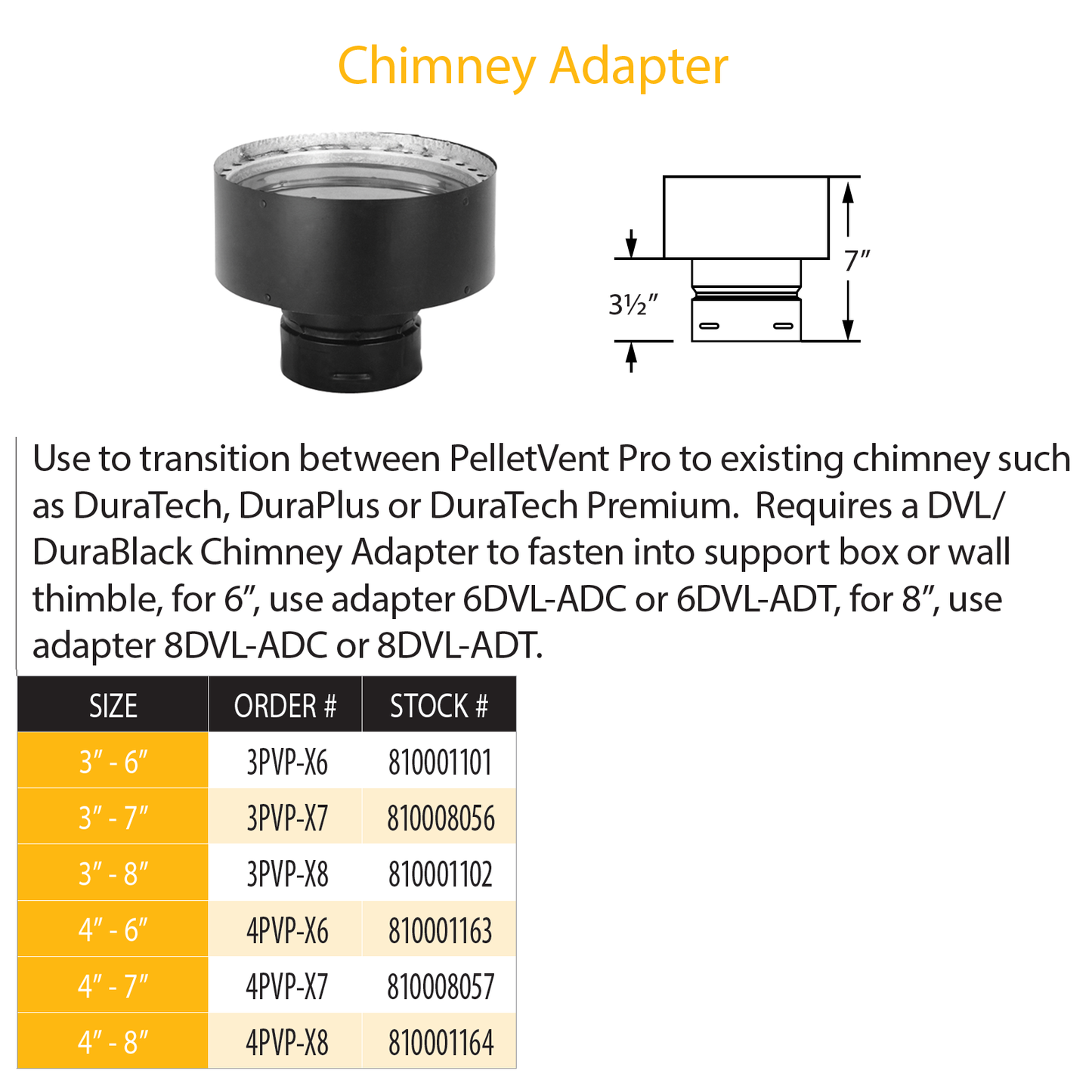 DuraVent Pellet Vent Pro Chimney Adapter - 8" | 4PVP-X8