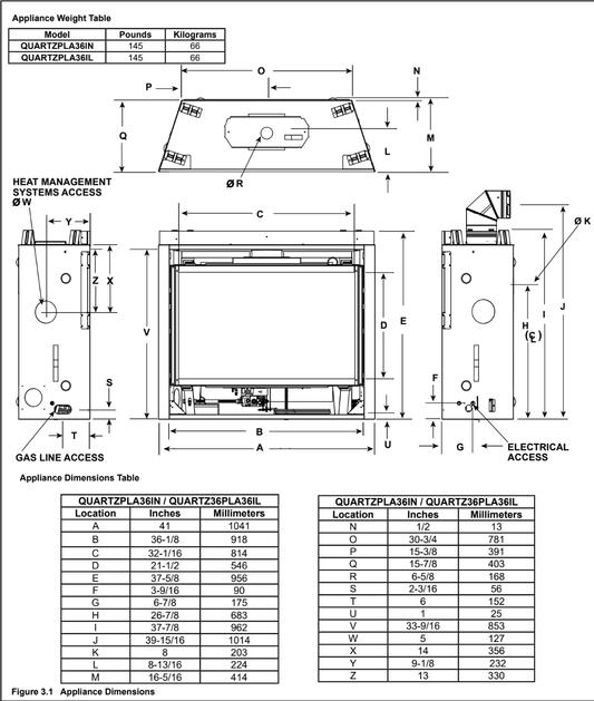Majestic Quartz 36 Platinum Direct Vent Single-Sided Gas Fireplace - QUARTZPLA36IN