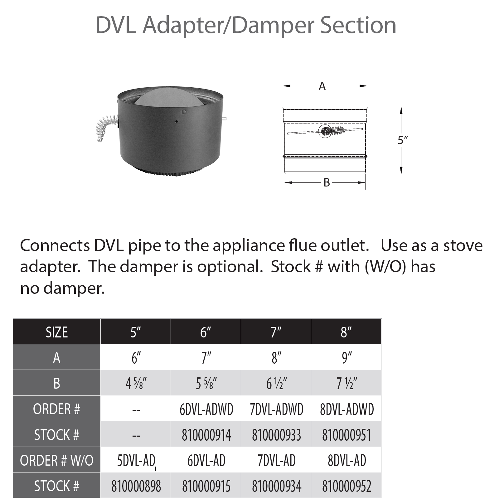 DuraVent DVL 7" Diameter Adapter/Damper Section | 7DVL-ADWD