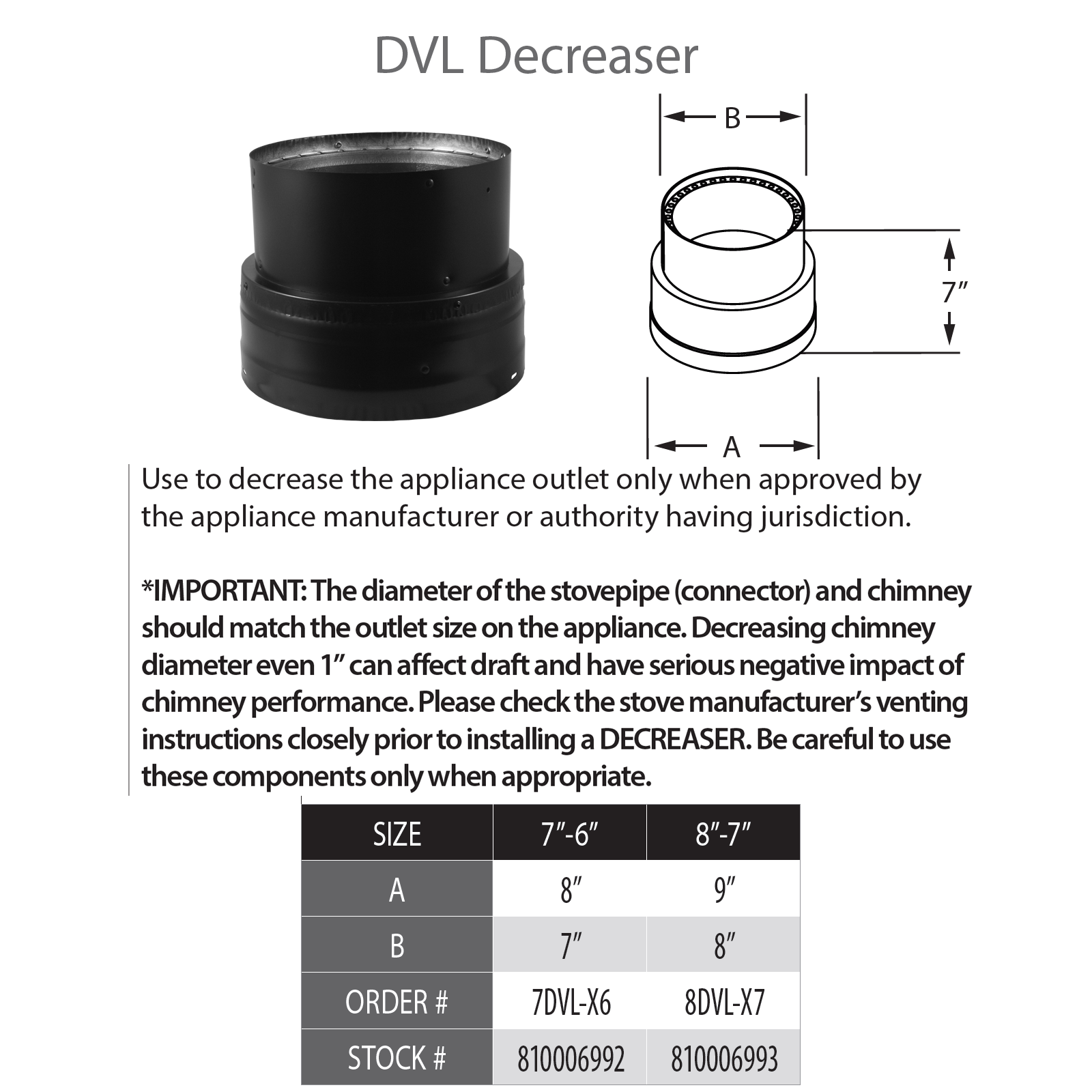 DuraVent DVL 8" Diameter Reducer 8"-7" | 8DVL-X7