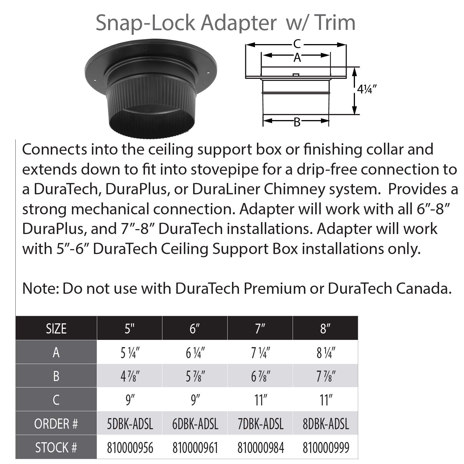 DuraVent DB 5" Diameter Black Snap-Lock Adapter w/Trim | 5DBK-ADSL