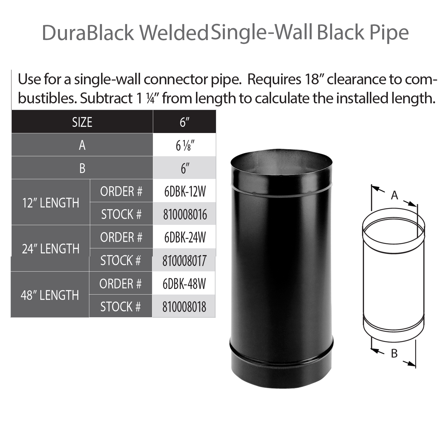 DuraVent DB 6" Diameter Black 22 Gauge 12" Pipe Length | 6DBK-12W