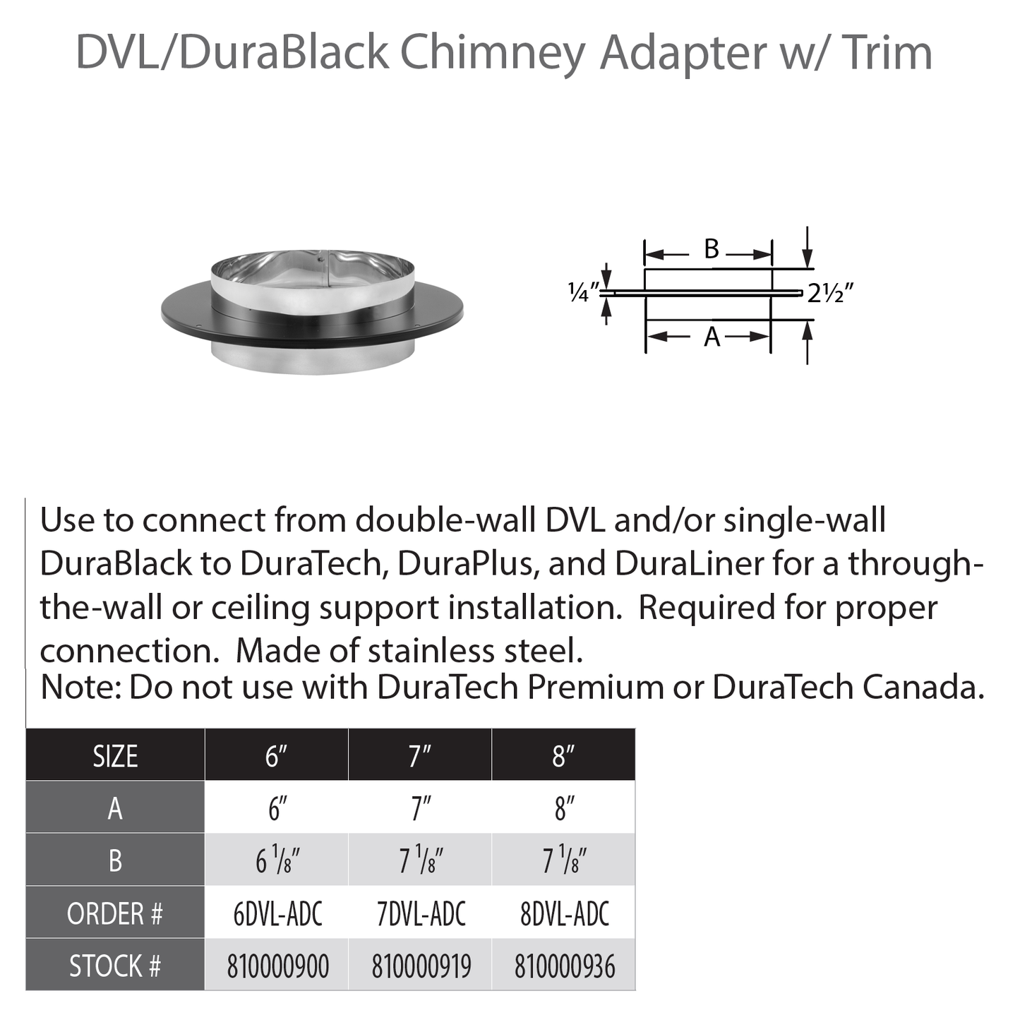 DuraVent DVL/DuraBlack 6" Diameter Black Chimney Adapter | 6DVL-ADC