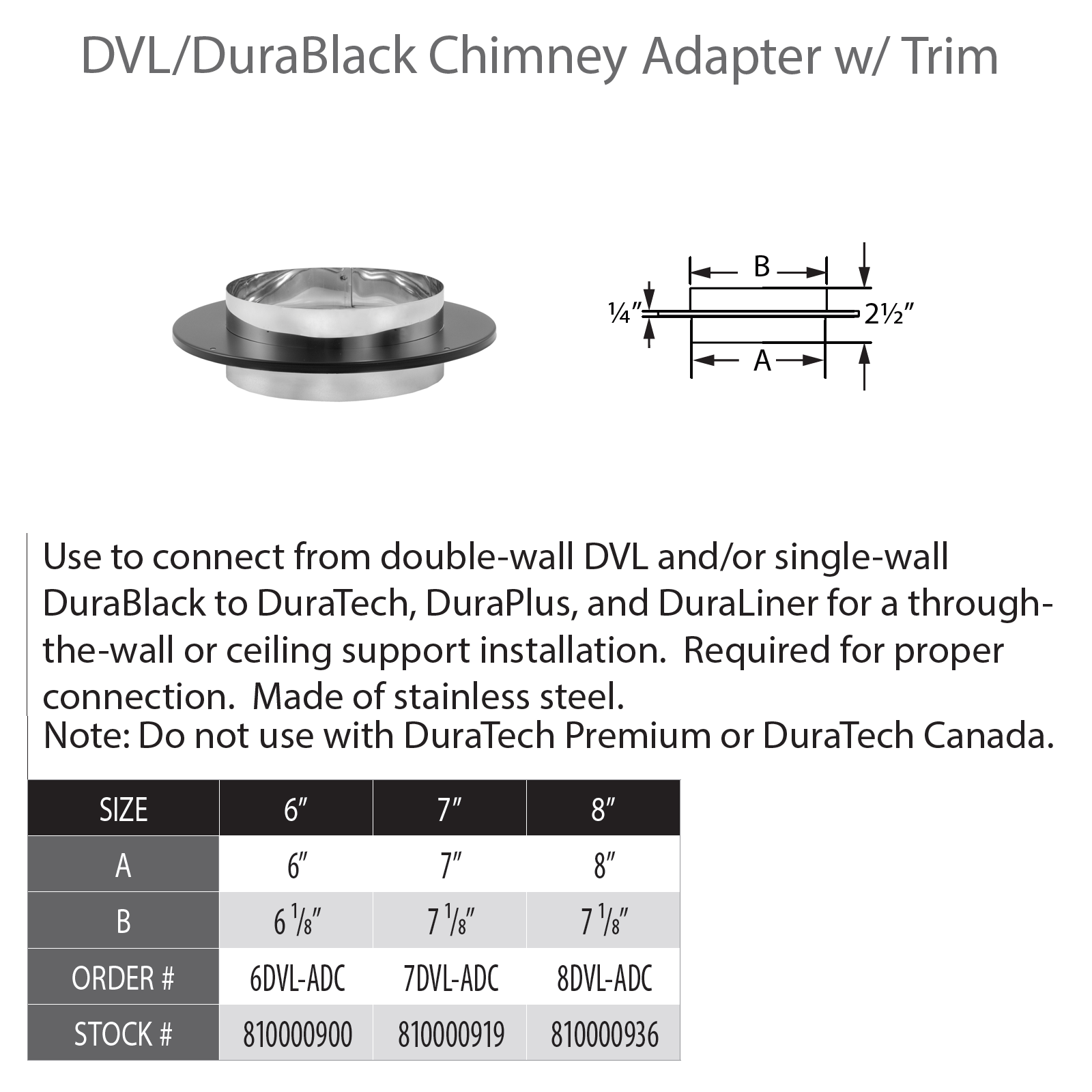 DuraVent DVL/DuraBlack 7" Diameter Black Chimney Adapter | 7DVL-ADC