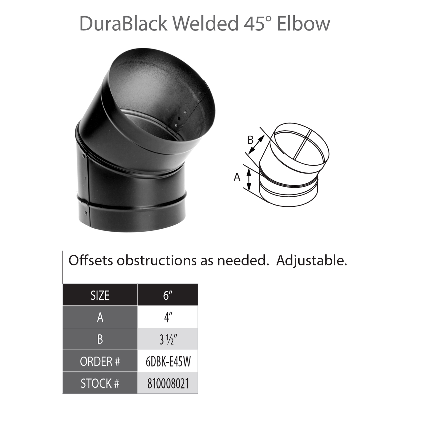 DuraVent DuraBlack 6" Diam Black 22 Gauge 45 Degree Elbow | 6DBK-E45W