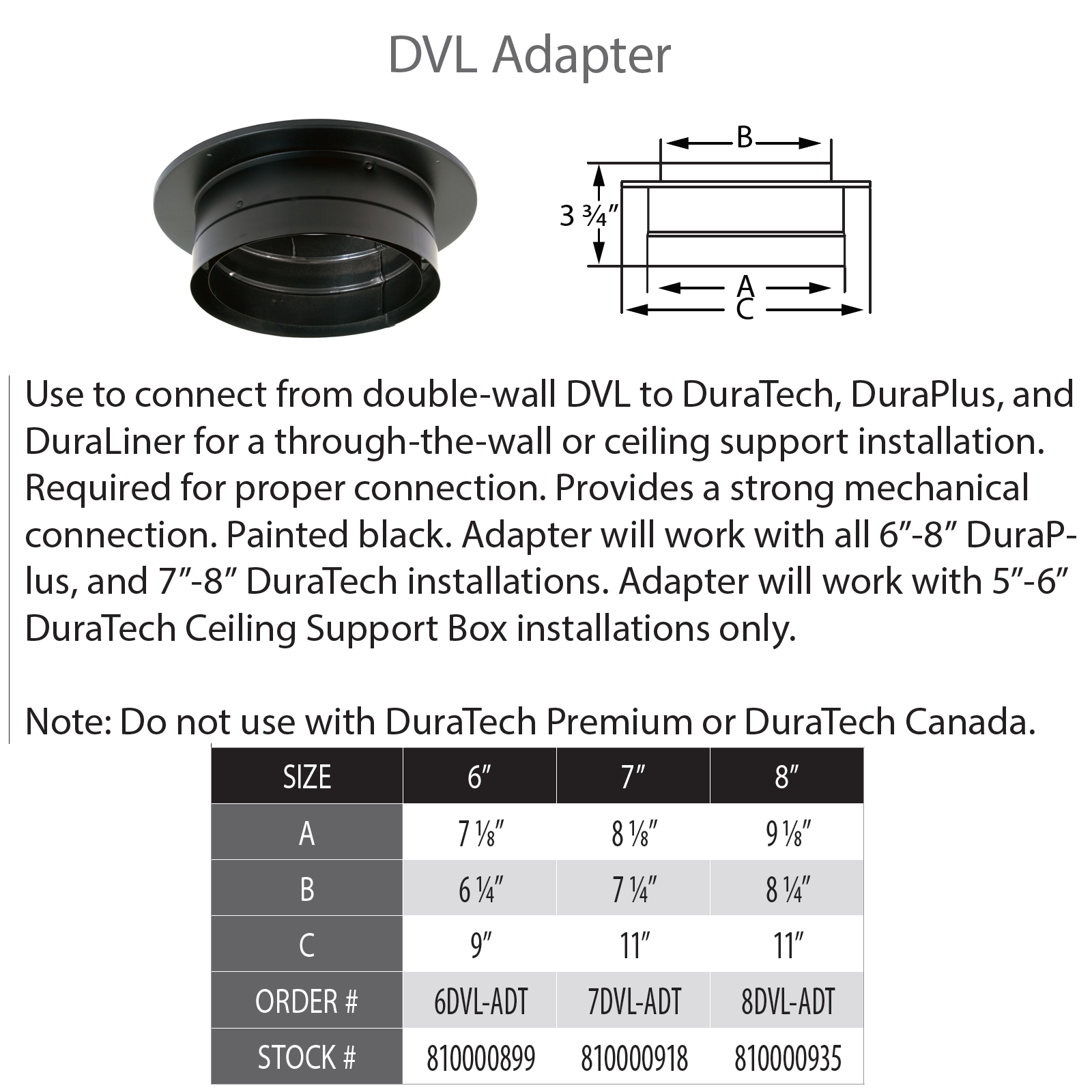 DuraVent DVL/DB 6" Diameter Black Chimney Adapter with trim | 6DVL-ADT