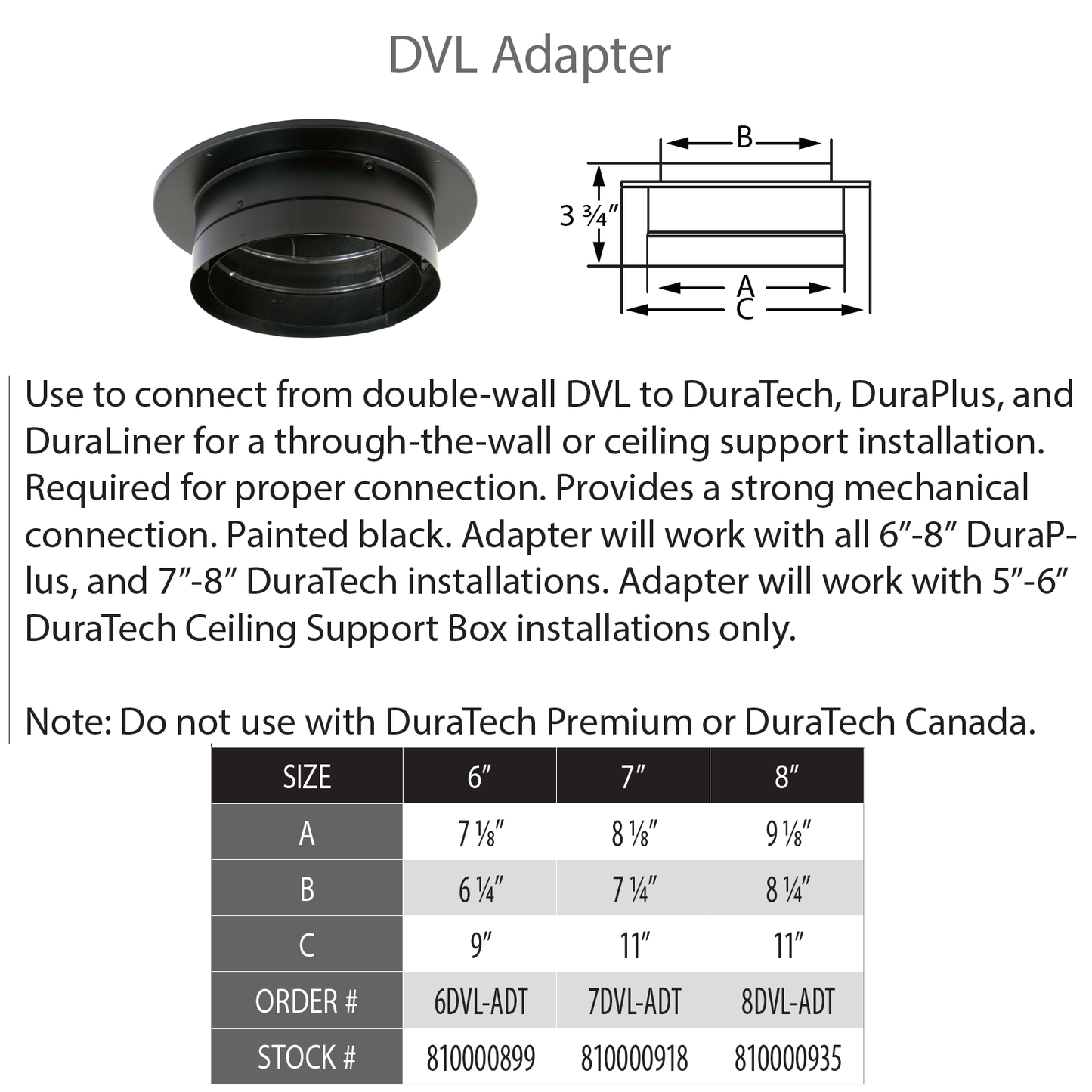 DuraVent DVL/DB 8" Diameter Black Chimney Adapter with trim | 8DVL-ADT