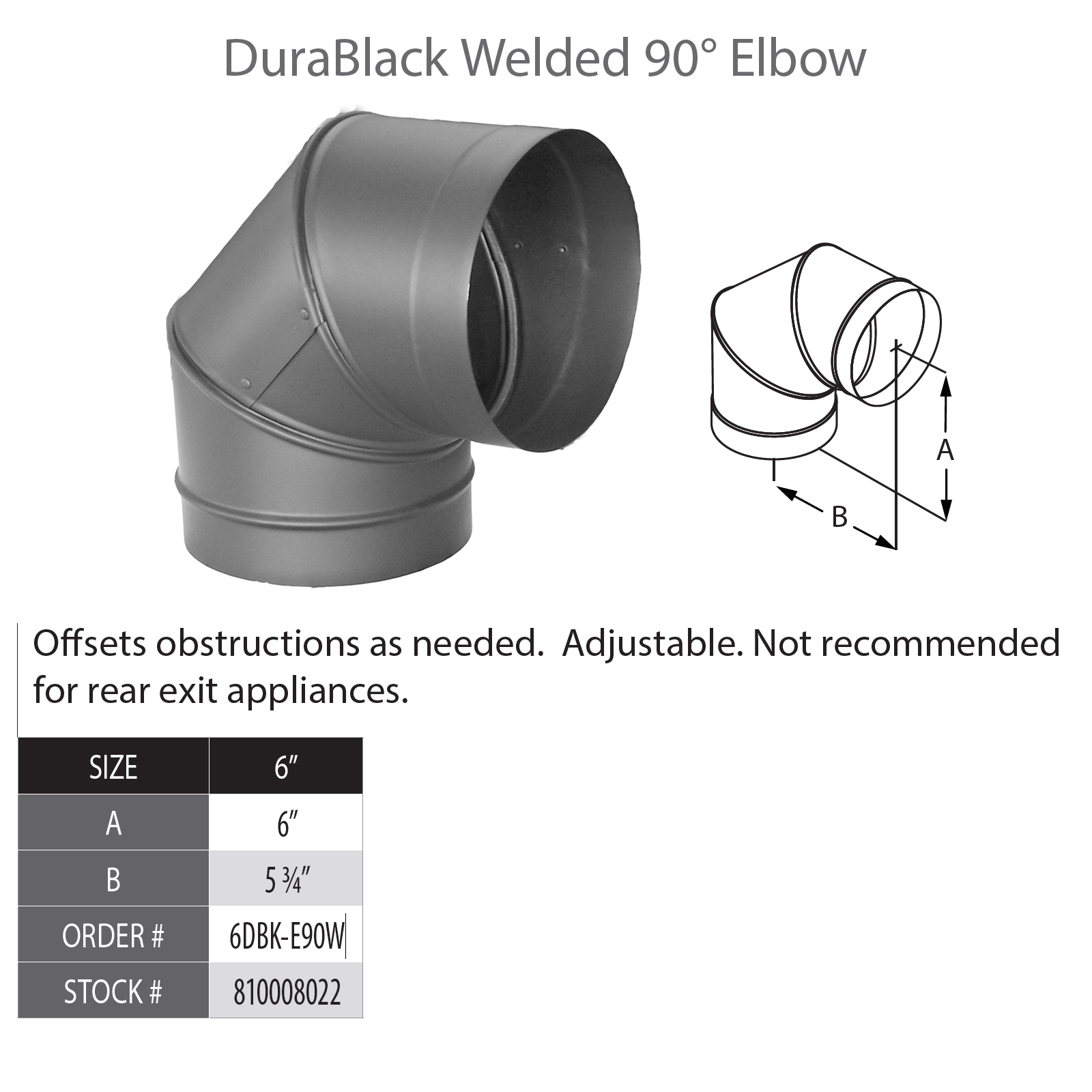 DuraVent DuraBlack 6" Diam Black 22 Gauge 90 Degree Elbow | 6DBK-E90W