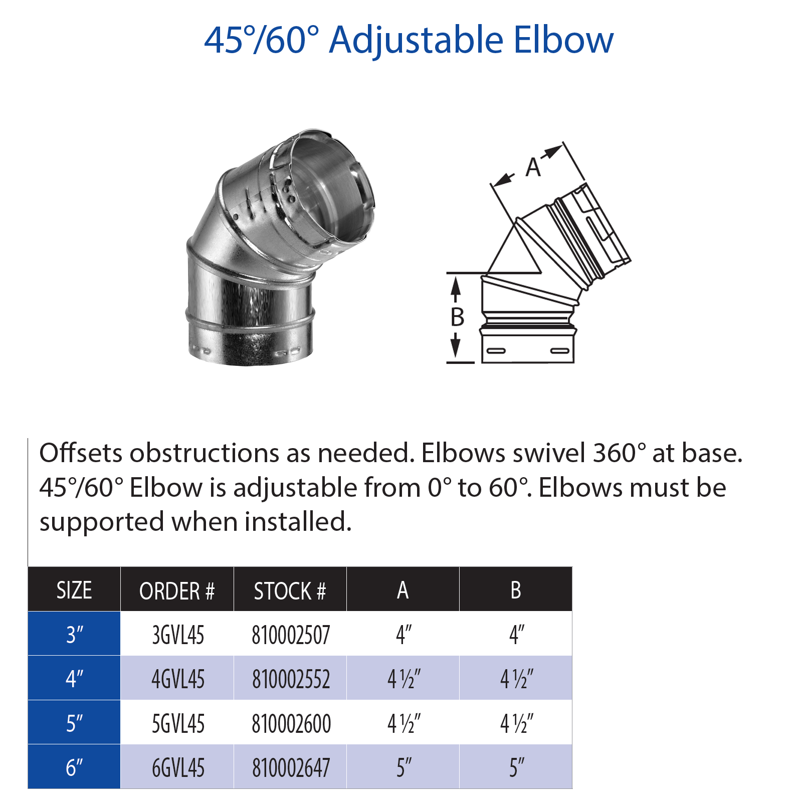 DuraVent Type B 45/60 Degree Adjustable Elbow | 3GVL45