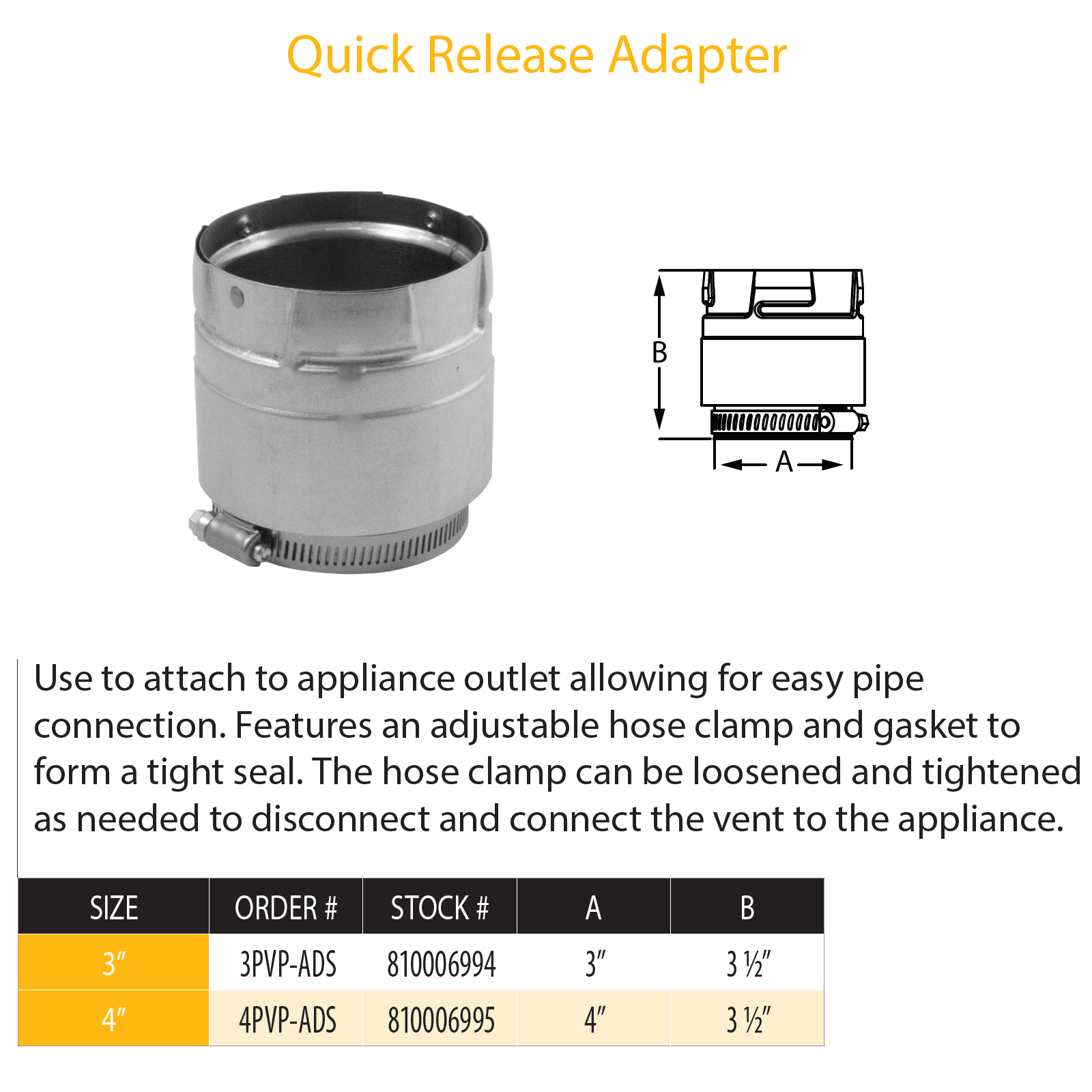 DuraVent Pellet Vent Pro Quick Release PelletVent Adapter | 4PVP-ADS