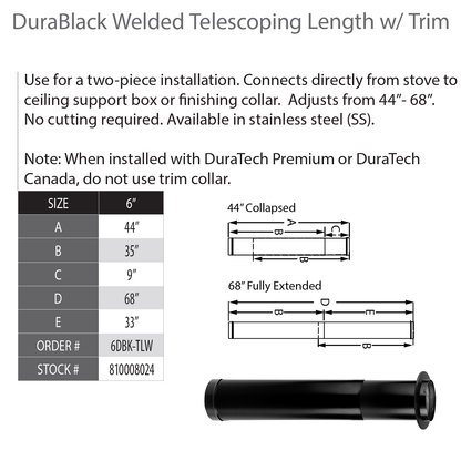 DuraVent DB 6" Diam Blk 22 Gauge Telescoping Length 44"-48" | 6DBK-TLW