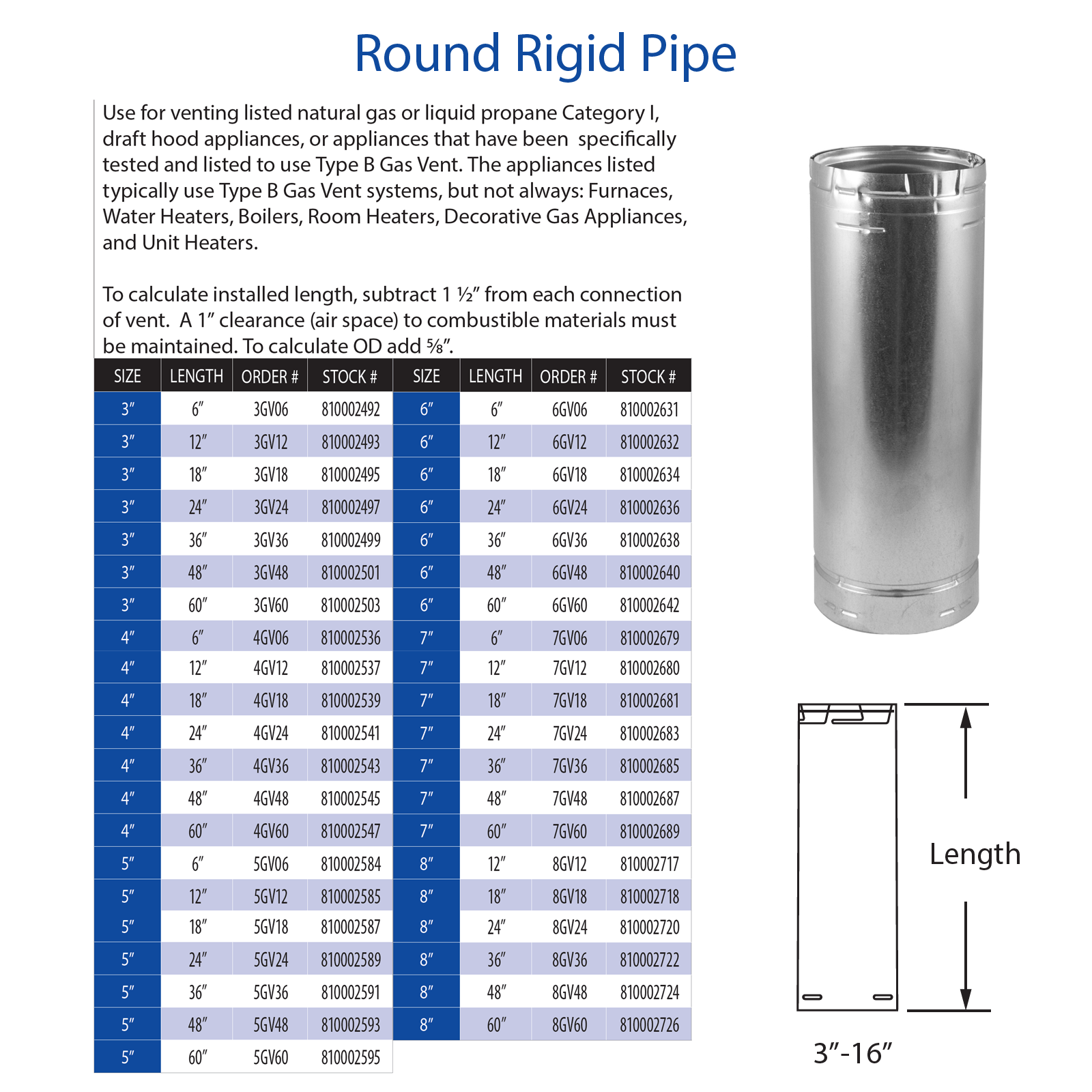 DuraVent Type B 6" Length Round Rigid Pipe | 3GV06