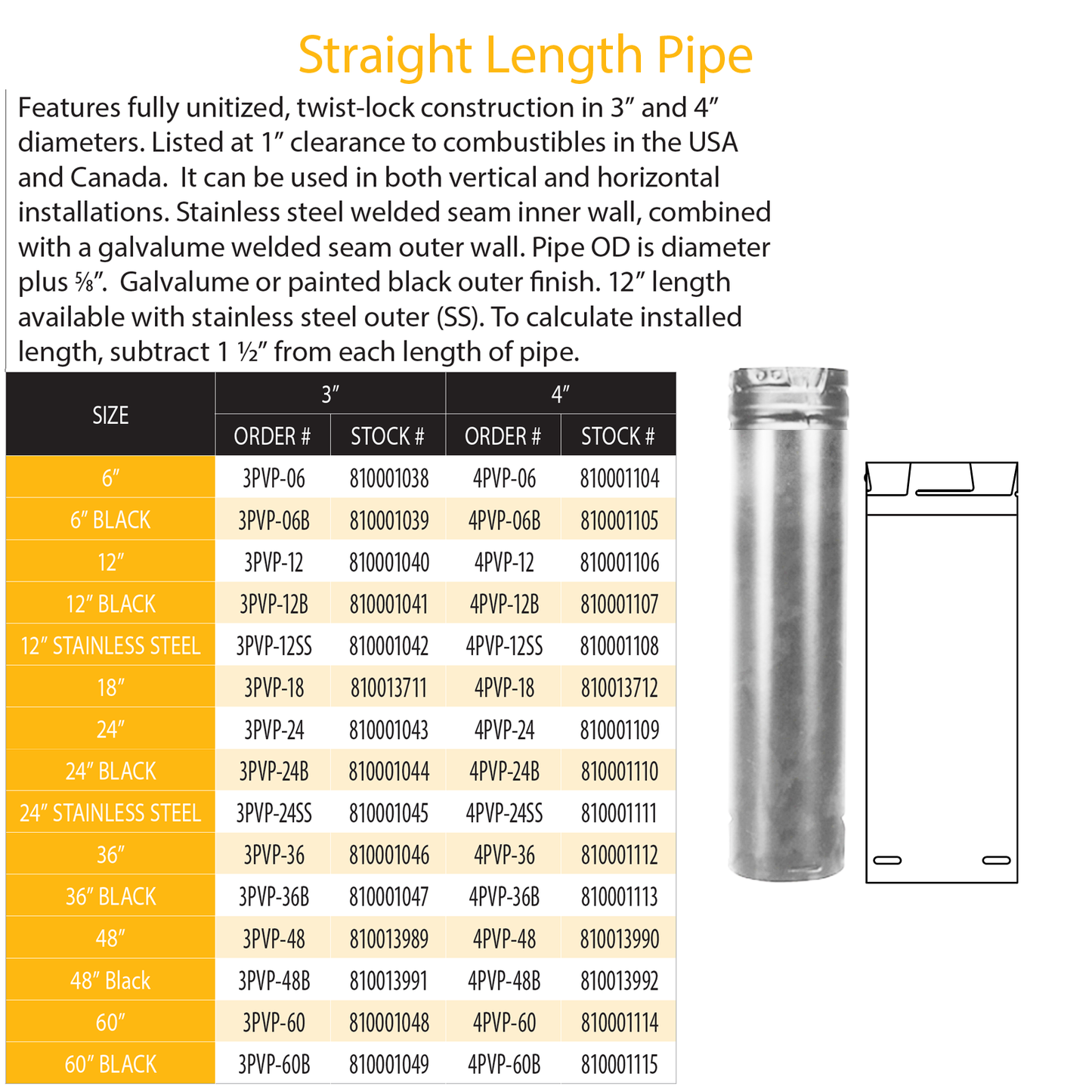 DuraVent Pellet Vent Pro 24" Straight Length Pipe (SS) | 4PVP-24SS