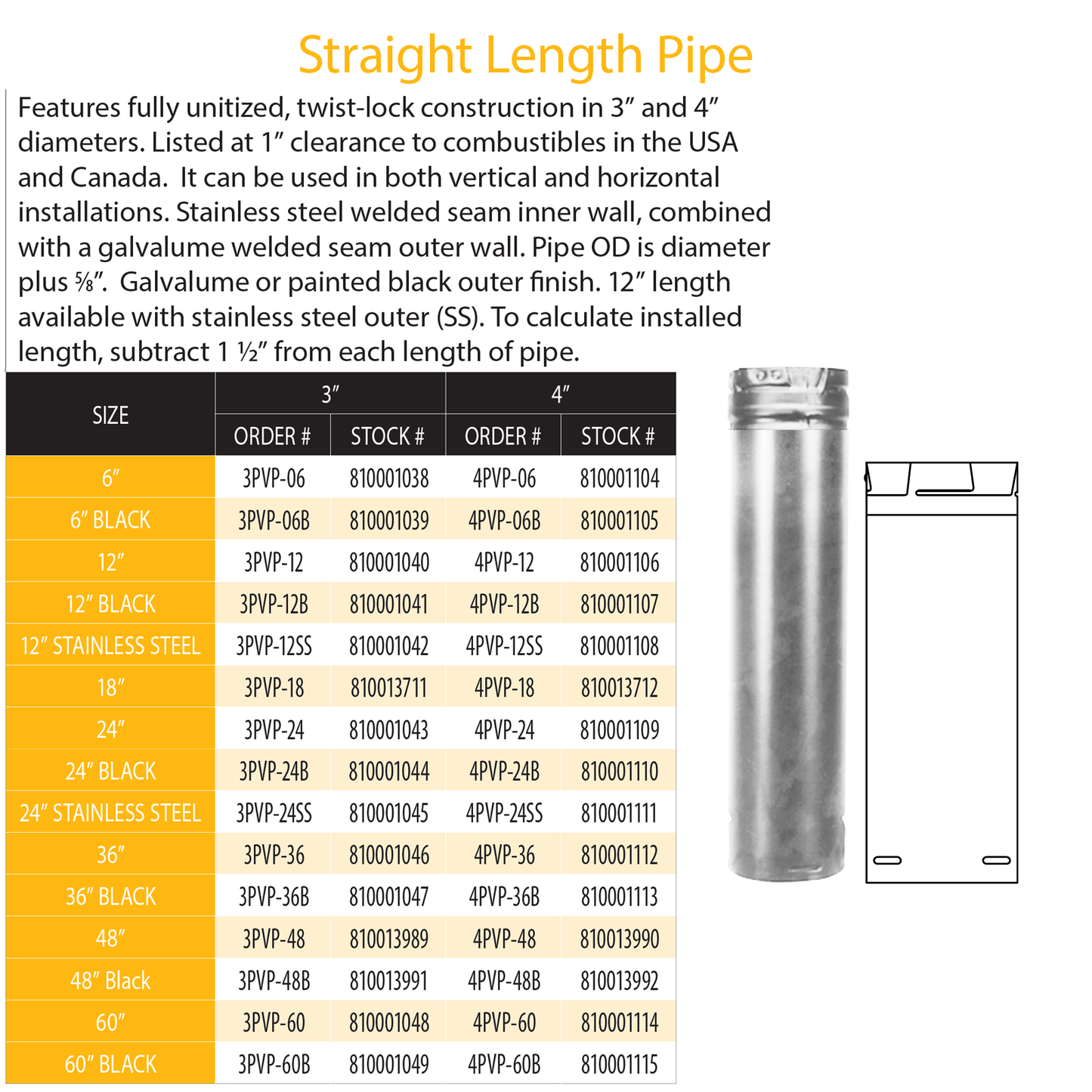 DuraVent Pellet Vent Pro 12" Straight Length Pipe (SS) | 3PVP-12SS