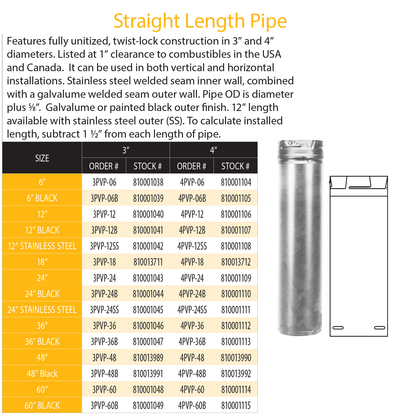 DuraVent Pellet Vent Pro 12" Straight Length Pipe | 3PVP-12