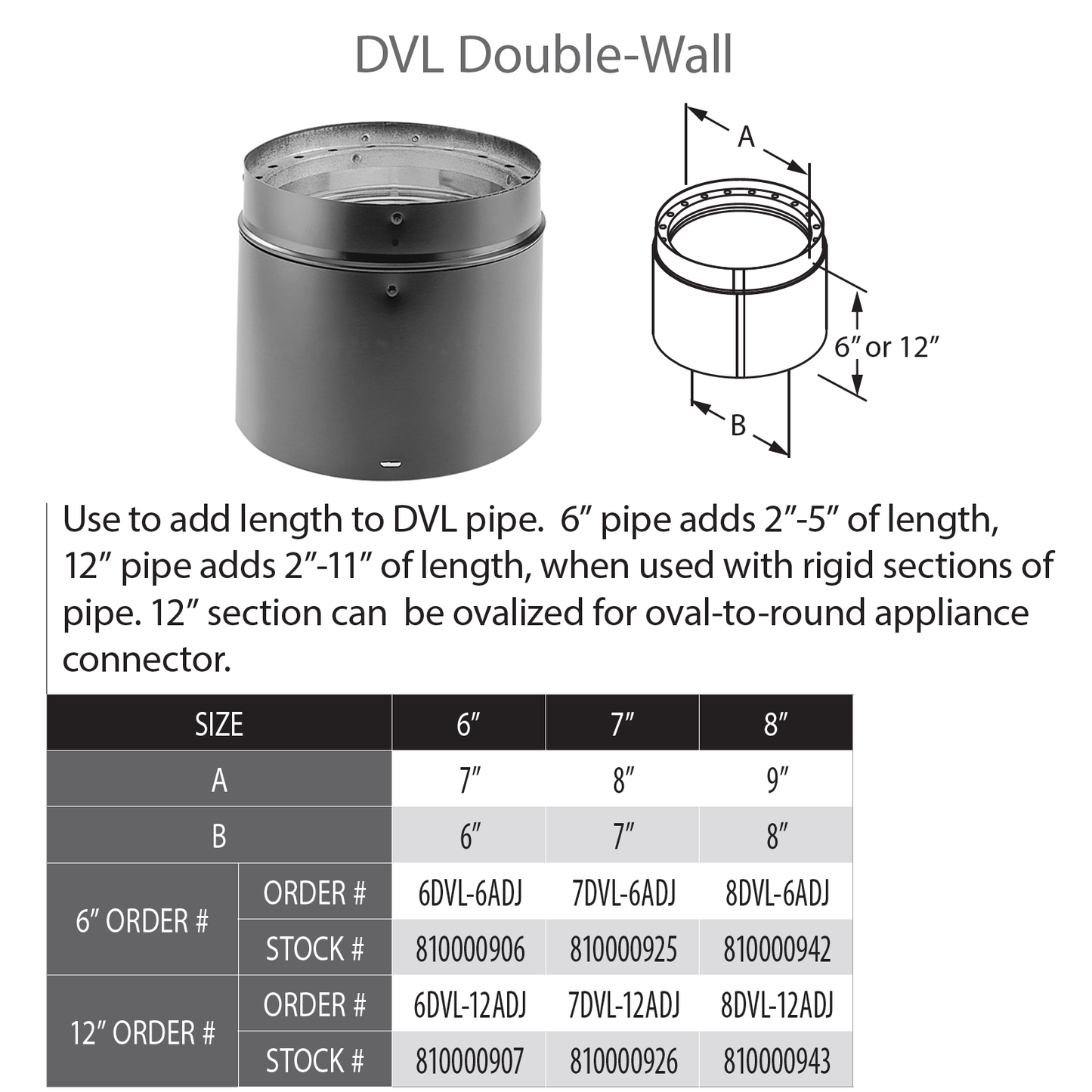 DuraVent DVL 7" Diam Double Wall Blk 6" Adj Pipe Length | 7DVL-6ADJ