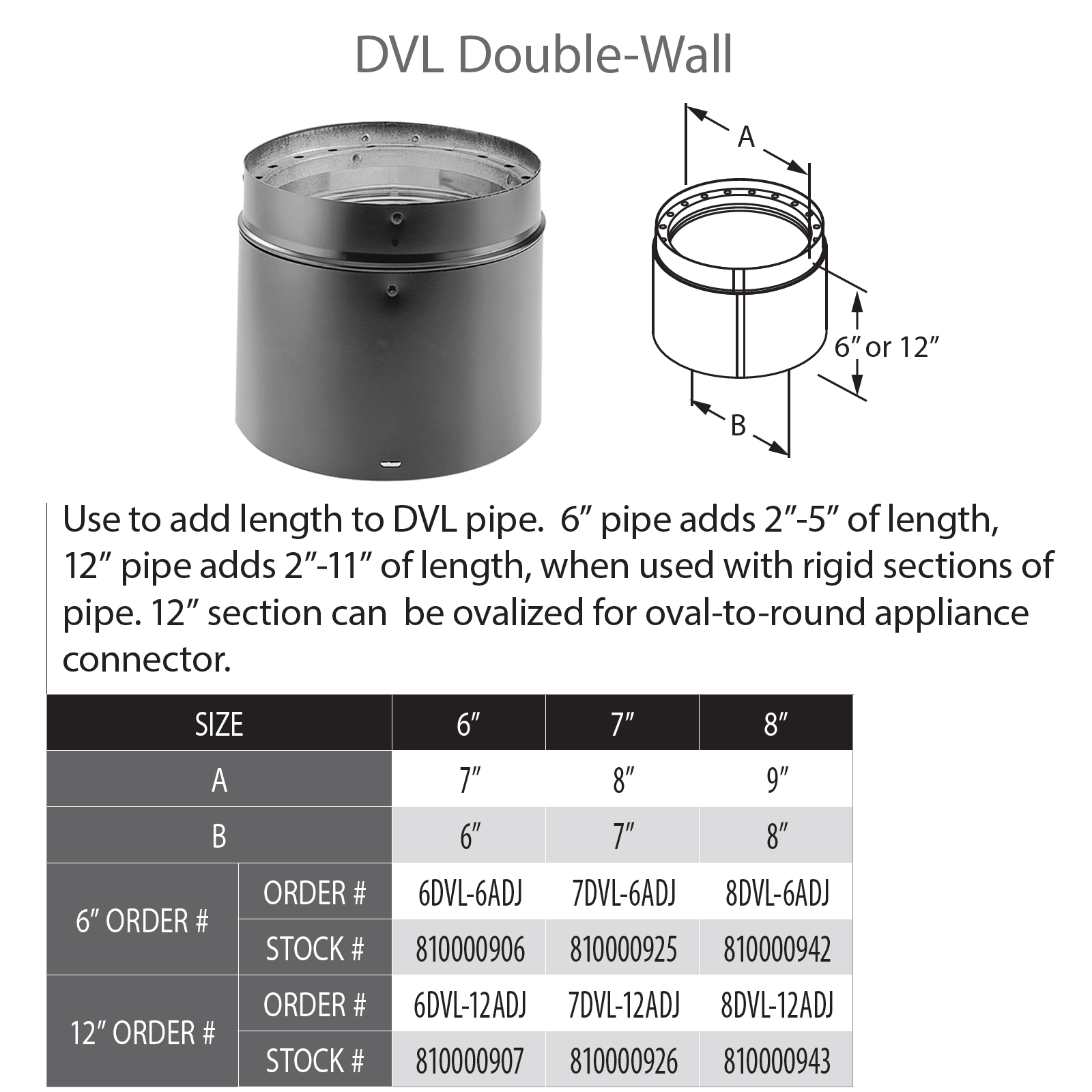 DuraVent DVL 8" Diam Double Wall Blk 6" Adj Pipe Length | 8DVL-6ADJ