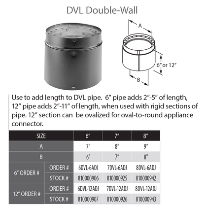 DuraVent DVL 7" Diam Double Wall Blk 12" Adj Pipe Length | 7DVL-12ADJ