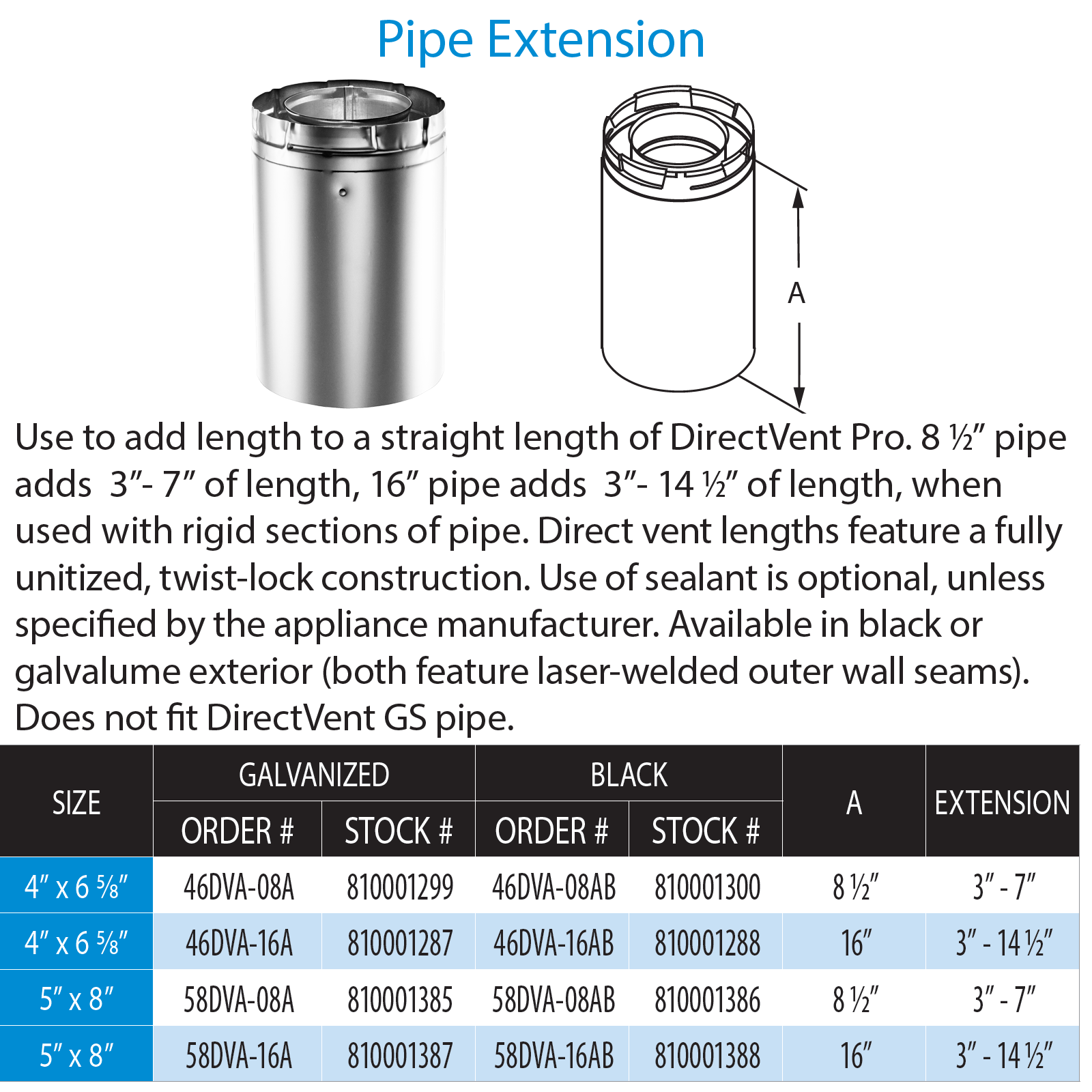 DuraVent DVP 16 Inch Pipe Extension (Adj 3-14.5 Inch) | 46DVA-16A