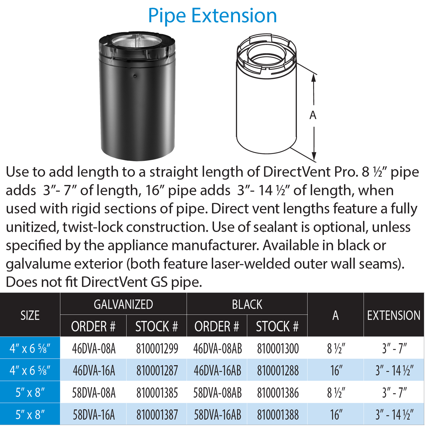 DuraVent DVP 8 1/2 In Pipe Ext (Adjusts 3-7 Inch) - Blk | 46DVA-08AB