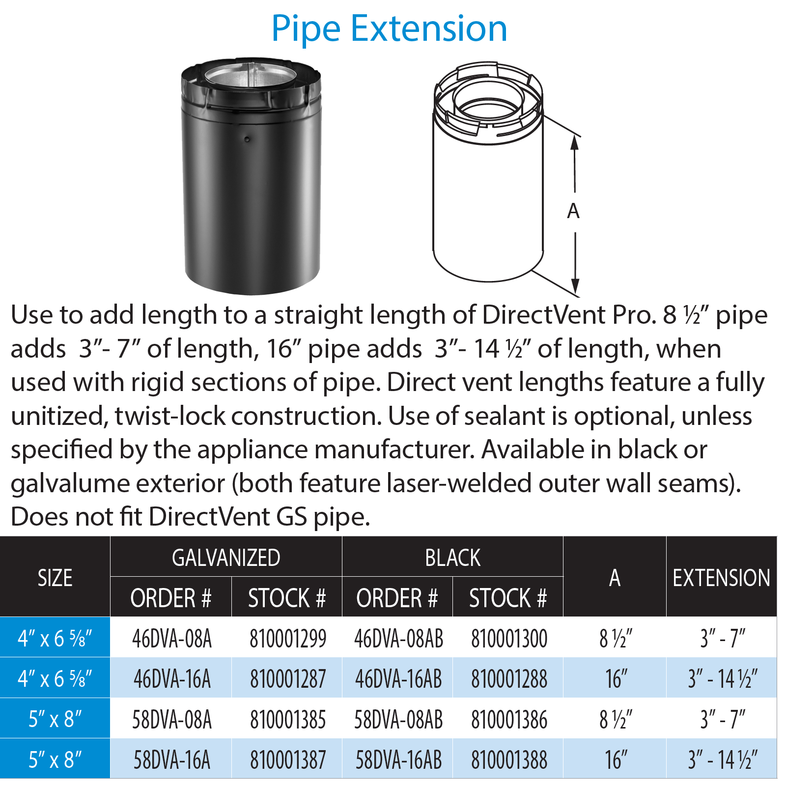 DuraVent DVP 16 Inch Adjustable Pipe Length - Black | 58DVA-16AB