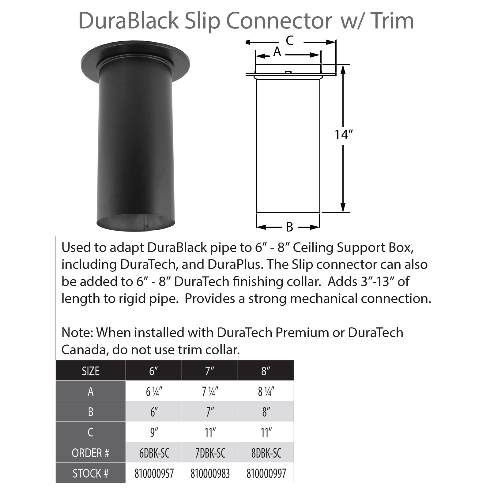 DuraVent DuraBlack 6" Diameter Black Slip Connector w/Trim | 6DBK-SC