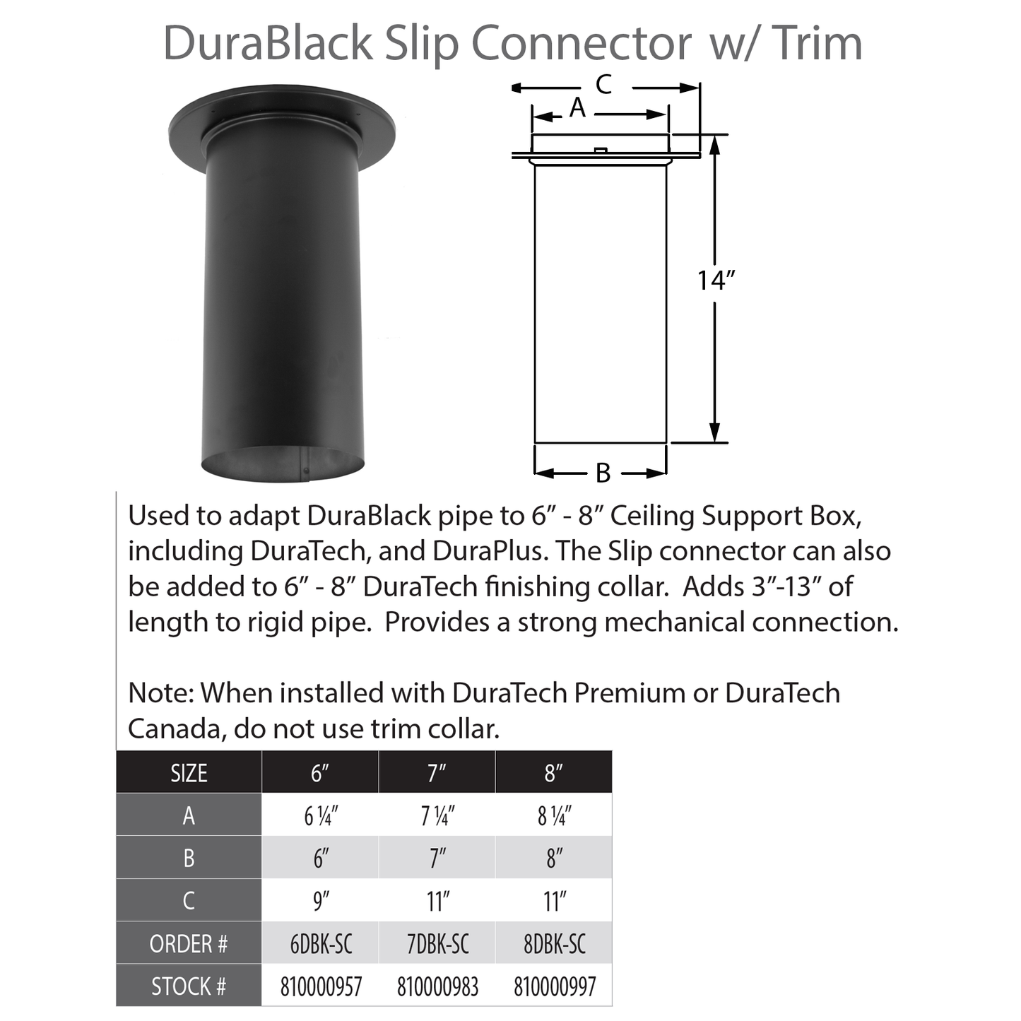 DuraVent DuraBlack 7" Diameter Black Slip Connector w/Trim | 7DBK-SC