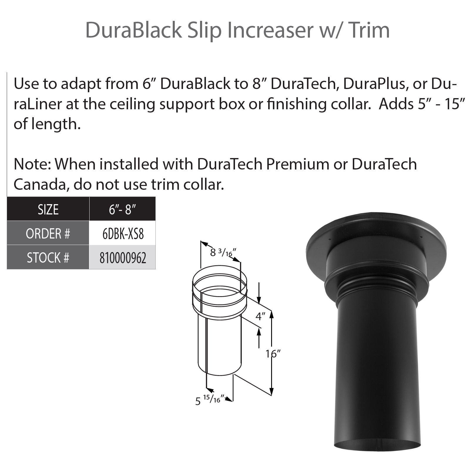 DuraVent DuraBlack 6" Diameter Black Slip Increaser 6"-8" | 6DBK-XS8