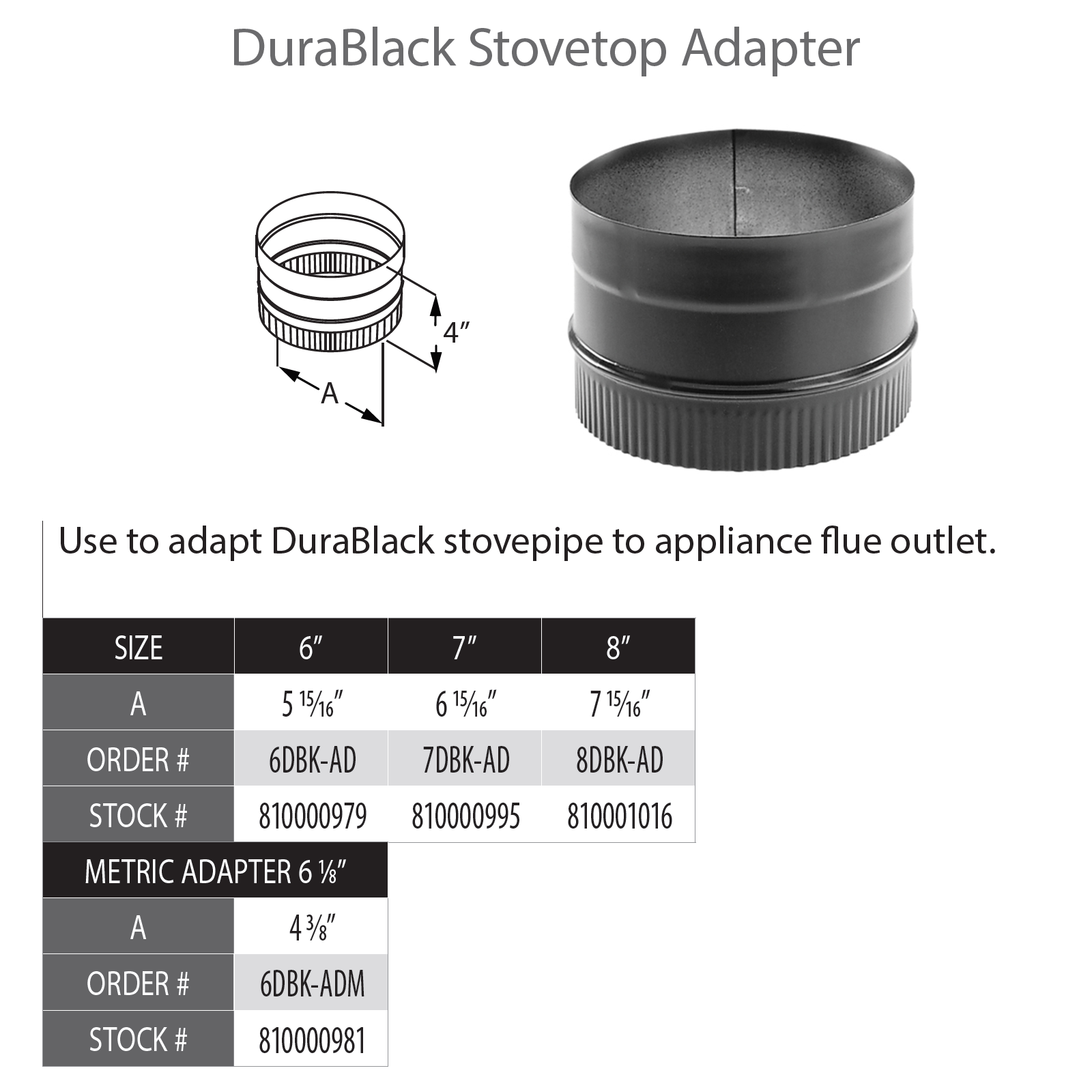 DuraVent DB 6" Diameter Black Stovetop Adapter (Metric) | 6DBK-ADM