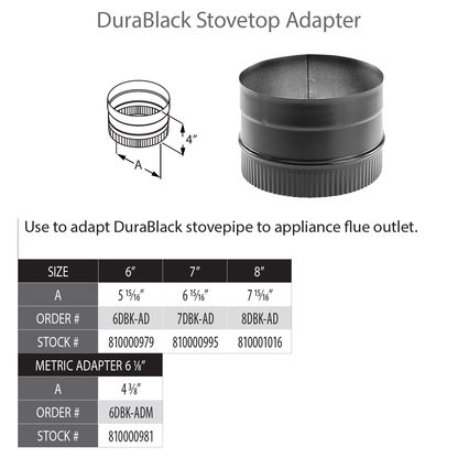 DuraVent DB 6" Diameter Black Stovetop Adapter (Metric) | 6DBK-ADM