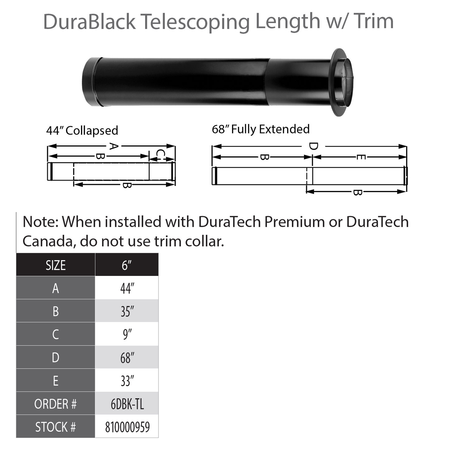 DuraVent DB 6" Diam Blk Telescoping Length 44" - 68" w/trim | 6DBK-TL