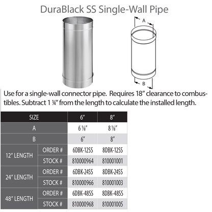 DuraVent DB 6" Diam Single Wall SS 24" Pipe Length | 6DBK-24SS