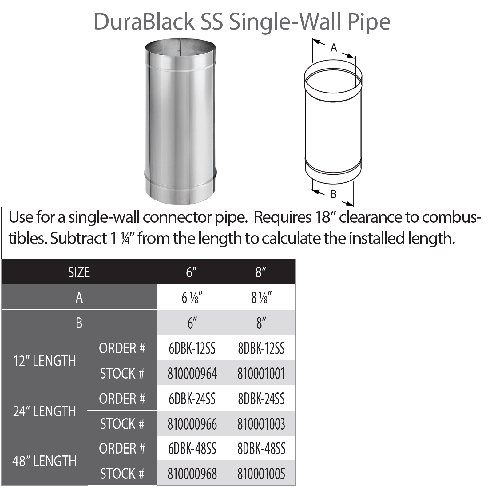 DuraVent DB 8" Diam Single Wall SS 48" Pipe Length | 8DBK-48SS