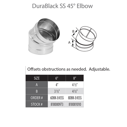 DuraVent DuraBlack 8" Diameter SS 45 Degree Black Elbow | 8DBK-E45SS