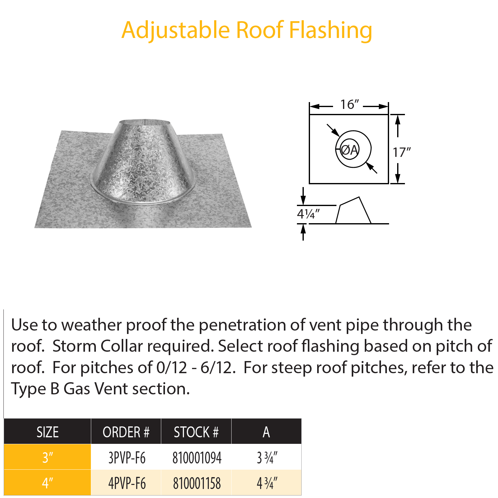 DuraVent Pellet Vent Pro Adjustable Roof Flashing 0/12-6/12 | 3PVP-F6