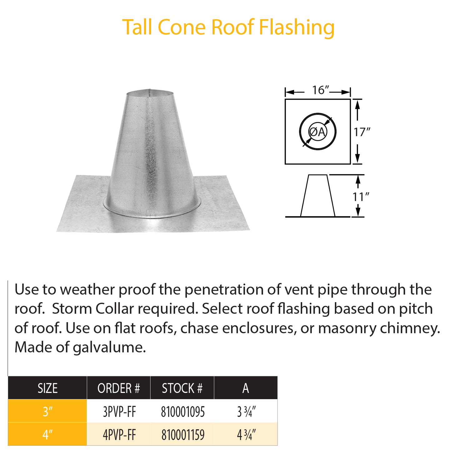 DuraVent Pellet Vent Pro Tall Cone Roof Flashing | 3PVP-FF